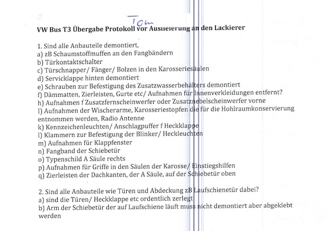 VW Bus T3 Übergabeprotokoll an den Lackierer nach Karosseriearbeiten Seite 1 von 2
