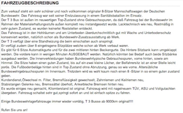 Bundeswehr Busse Händler Inserat übersetzt vom Bus Checker