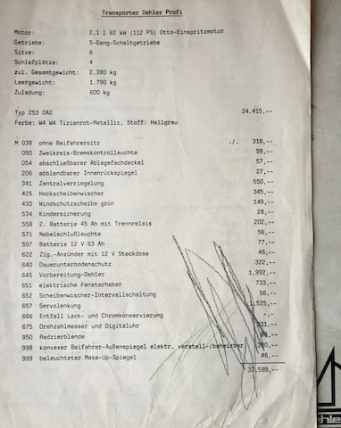 T3 Dehler Neuwagenbestellung 1986 Seite 1 von 2 Sonderausstattungen