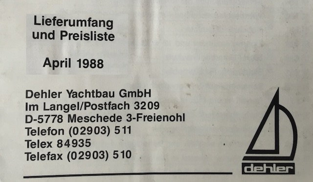 T3 Dehler Preisliste Stand April 1988 Umschlagsseite