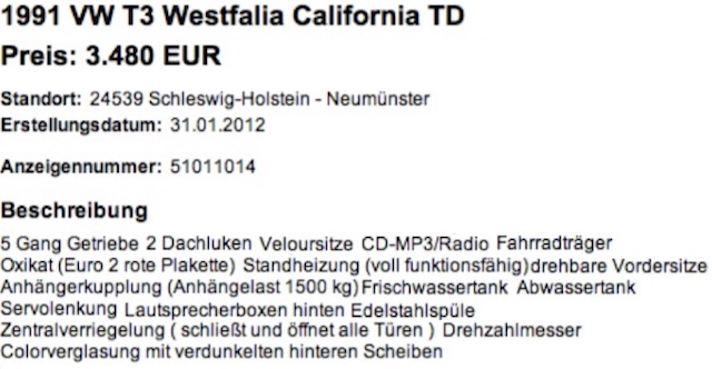 VW Bus T3 HochDachCamper Westfalia FAKE Angebot Preisschild