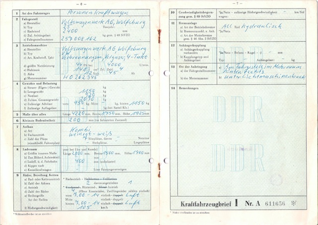 VW Bus T1 Scheunenfund technische Daten im Fahrzeugbrief der ehemaligen DDR