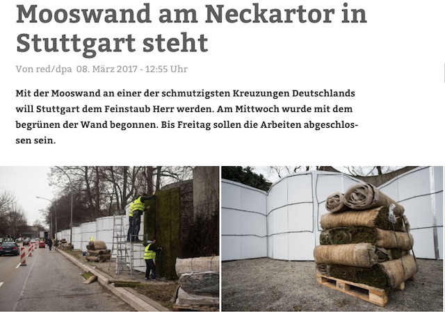 Mosswand Stuttgart Feinstaubemissionen senken, Quelle dpa und Stuttgarter Nachrichten