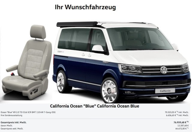 T6 California OCEAN BLUE 2017 Quelle © Volkswagen AG Neuwagenkonfiguration Abb enthaelt Sonderausstattung