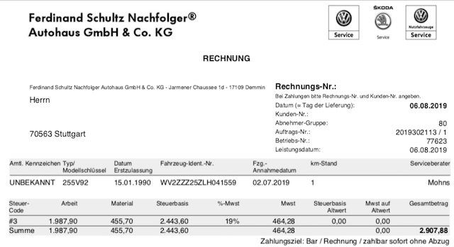 Reparaturrechnungen VW Bus T3 nach Kauf Beratung BusChecker
