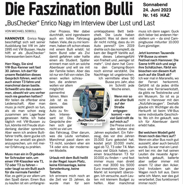 Faszination VW Bus Interview Hannoversche Allgemeine Zeitung Michael Soboll 24 06 2023 