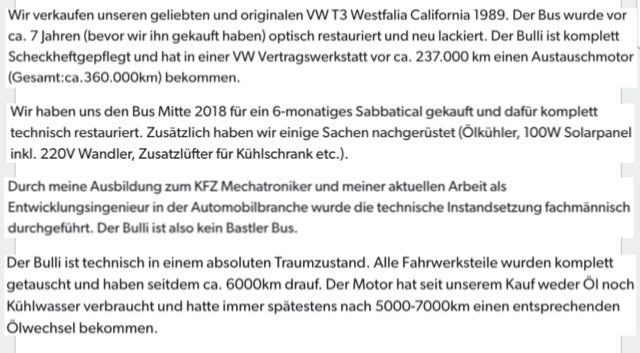 Inerat VW Bus T3 FaltDachCamper Westfalia Beschreibung